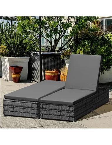 Outsunny PE Rattan Sun Loungers with Cushion, Outdoor Garden Sunbed Furniture with 5-Level Recliner Backrest, and Armrest, Set o