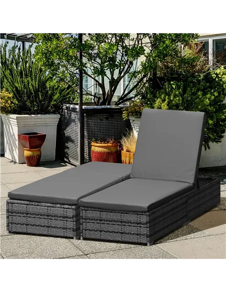 Outsunny PE Rattan Sun Loungers with Cushion, Outdoor Garden Sunbed Furniture with 5-Level Recliner Backrest, and Armrest, Set o