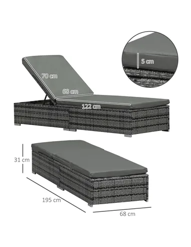 Outsunny PE Rattan Sun Loungers with Cushion, Outdoor Garden Sunbed Furniture with 5-Level Recliner Backrest, and Armrest, Set o