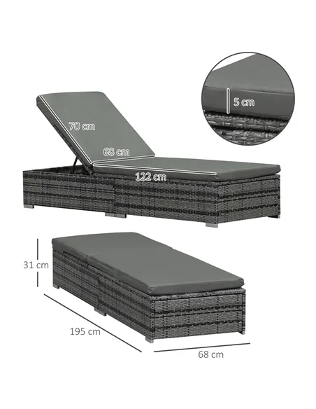 Outsunny PE Rattan Sun Loungers with Cushion, Outdoor Garden Sunbed Furniture with 5-Level Recliner Backrest, and Armrest, Set o