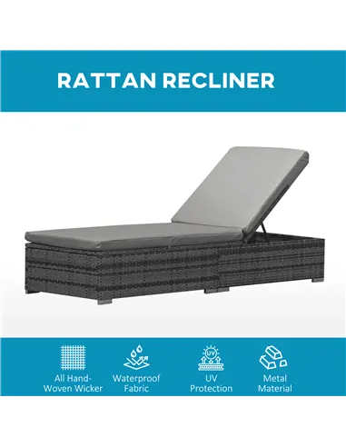 Outsunny PE Rattan Sun Loungers with Cushion, Outdoor Garden Sunbed Furniture with 5-Level Recliner Backrest, and Armrest, Set o