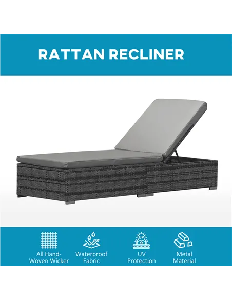 Outsunny PE Rattan Sun Loungers with Cushion, Outdoor Garden Sunbed Furniture with 5-Level Recliner Backrest, and Armrest, Set o