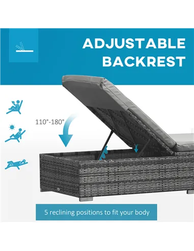 Outsunny PE Rattan Sun Loungers with Cushion, Outdoor Garden Sunbed Furniture with 5-Level Recliner Backrest, and Armrest, Set o