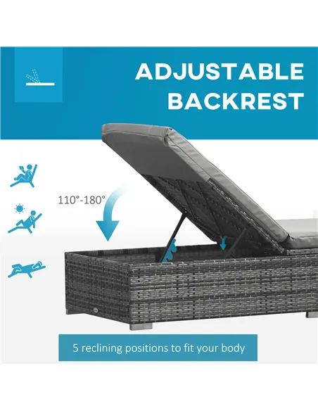 Outsunny PE Rattan Sun Loungers with Cushion, Outdoor Garden Sunbed Furniture with 5-Level Recliner Backrest, and Armrest, Set o