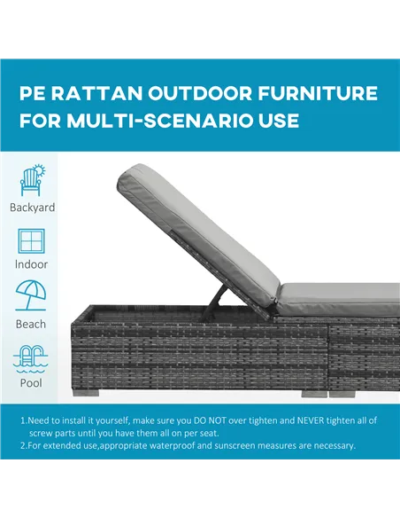 Outsunny PE Rattan Sun Loungers with Cushion, Outdoor Garden Sunbed Furniture with 5-Level Recliner Backrest, and Armrest, Set o