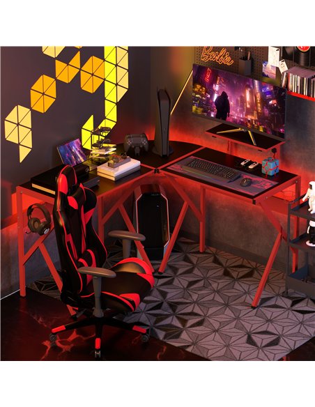 HOMCOM Gaming Desk L-Shaped Corner Computer Table for Home Office PC Workstations with Adjustable Monitor Stand Cup Holder Headp