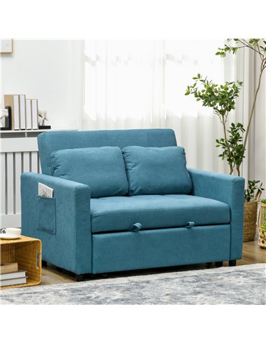 HOMCOM Loveseat Sofa Bed, Convertible Bed Settee with 2 Cushions, Side Pockets for Living Room, Blue