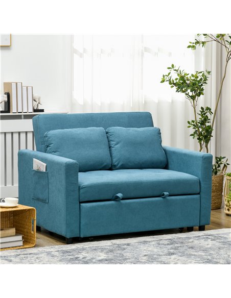 HOMCOM Loveseat Sofa Bed, Convertible Bed Settee with 2 Cushions, Side Pockets for Living Room, Blue