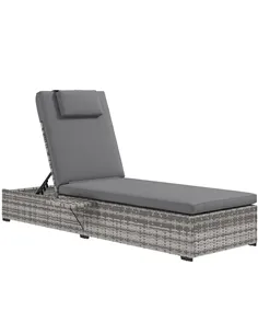 Outsunny Outdoor Patio PE Rattan Lounger with Cushion, 5-Level Reclining Wicker Rattan Sun Lounger with Tea Tray, for Poolside, 