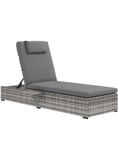 Outsunny Outdoor Patio PE Rattan Lounger with Cushion, 5-Level Reclining Wicker Rattan Sun Lounger with Tea Tray, for Poolside, 