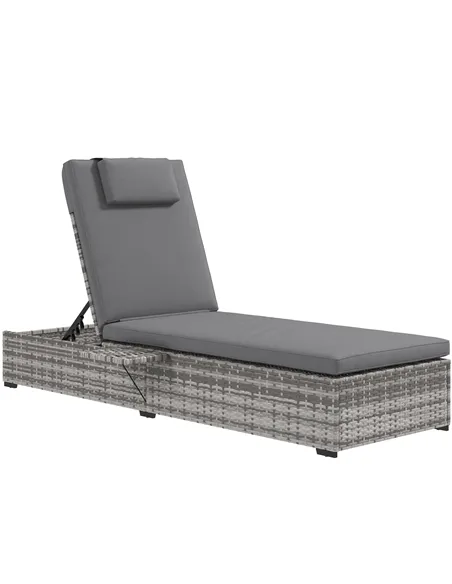 Outsunny Outdoor Patio PE Rattan Lounger with Cushion, 5-Level Reclining Wicker Rattan Sun Lounger with Tea Tray, for Poolside, 