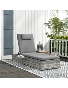 Outsunny Outdoor Patio PE Rattan Lounger with Cushion, 5-Level Reclining Wicker Rattan Sun Lounger with Tea Tray, for Poolside,  2