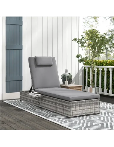 Outsunny Outdoor Patio PE Rattan Lounger with Cushion, 5-Level Reclining Wicker Rattan Sun Lounger with Tea Tray, for Poolside, 