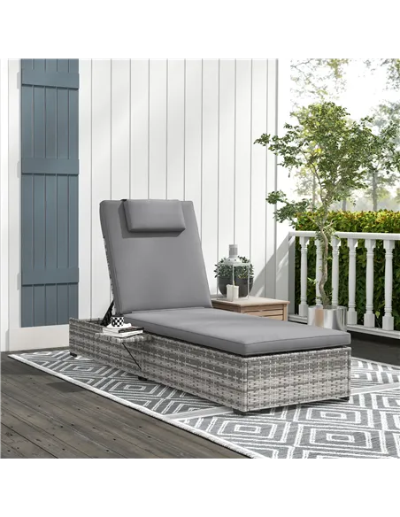 Outsunny Outdoor Patio PE Rattan Lounger with Cushion, 5-Level Reclining Wicker Rattan Sun Lounger with Tea Tray, for Poolside, 