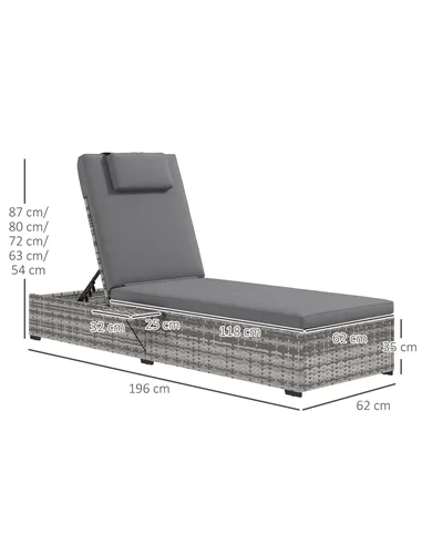 Outsunny Outdoor Patio PE Rattan Lounger with Cushion, 5-Level Reclining Wicker Rattan Sun Lounger with Tea Tray, for Poolside, 