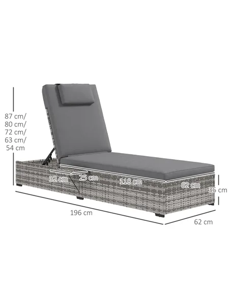 Outsunny Outdoor Patio PE Rattan Lounger with Cushion, 5-Level Reclining Wicker Rattan Sun Lounger with Tea Tray, for Poolside, 