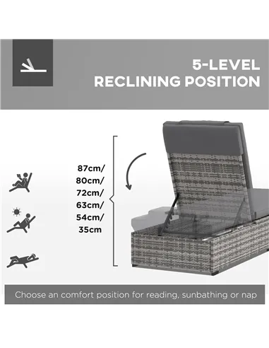 Outsunny Outdoor Patio PE Rattan Lounger with Cushion, 5-Level Reclining Wicker Rattan Sun Lounger with Tea Tray, for Poolside, 