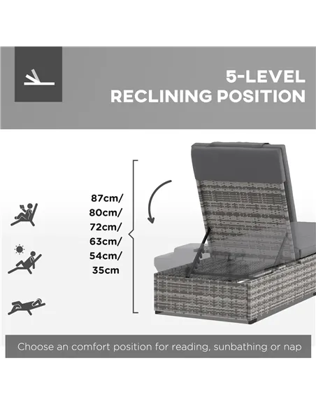 Outsunny Outdoor Patio PE Rattan Lounger with Cushion, 5-Level Reclining Wicker Rattan Sun Lounger with Tea Tray, for Poolside, 