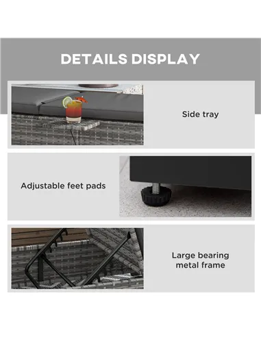 Outsunny Outdoor Patio PE Rattan Lounger with Cushion, 5-Level Reclining Wicker Rattan Sun Lounger with Tea Tray, for Poolside, 