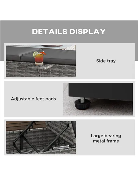 Outsunny Outdoor Patio PE Rattan Lounger with Cushion, 5-Level Reclining Wicker Rattan Sun Lounger with Tea Tray, for Poolside, 