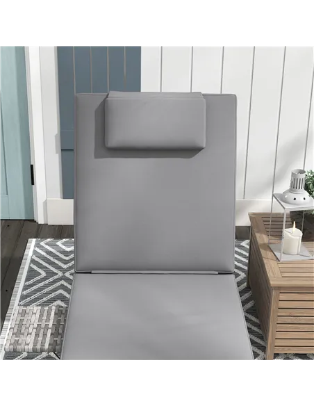 Outsunny Outdoor Patio PE Rattan Lounger with Cushion, 5-Level Reclining Wicker Rattan Sun Lounger with Tea Tray, for Poolside, 