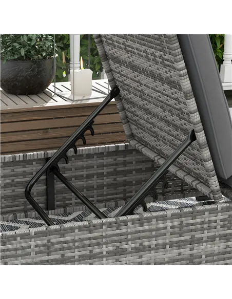 Outsunny Outdoor Patio PE Rattan Lounger with Cushion, 5-Level Reclining Wicker Rattan Sun Lounger with Tea Tray, for Poolside, 