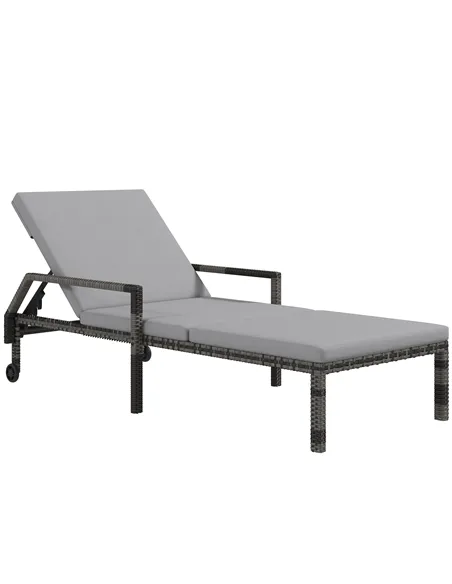 Outsunny Outdoor Sun Lounger, Rattan Wicker Chaise Recliner with 5-Level Adjustable Backrest and 2 Wheels