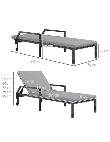Outsunny Outdoor Sun Lounger, Rattan Wicker Chaise Recliner with 5-Level Adjustable Backrest and 2 Wheels