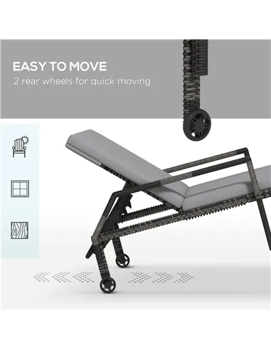 Outsunny Outdoor Sun Lounger, Rattan Wicker Chaise Recliner with 5-Level Adjustable Backrest and 2 Wheels