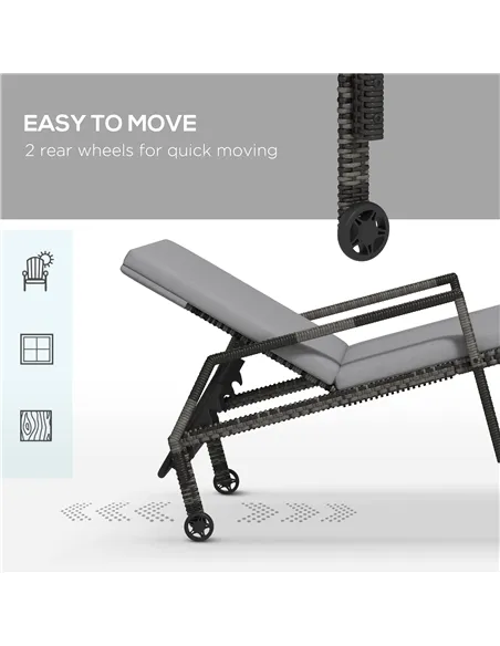 Outsunny Outdoor Sun Lounger, Rattan Wicker Chaise Recliner with 5-Level Adjustable Backrest and 2 Wheels