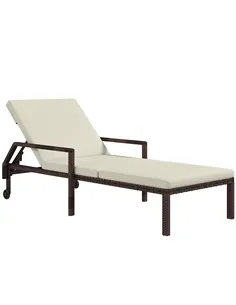 Outsunny Outdoor Sun Lounger, Rattan Wicker Chaise Recliner with 5-Level Adjustable Backrest and 2 Wheels