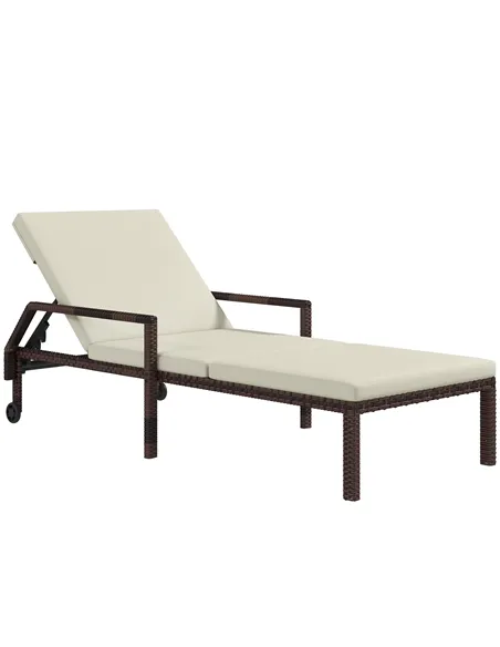 Outsunny Outdoor Sun Lounger, Rattan Wicker Chaise Recliner with 5-Level Adjustable Backrest and 2 Wheels