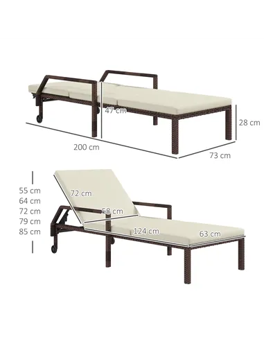 Outsunny Outdoor Sun Lounger, Rattan Wicker Chaise Recliner with 5-Level Adjustable Backrest and 2 Wheels