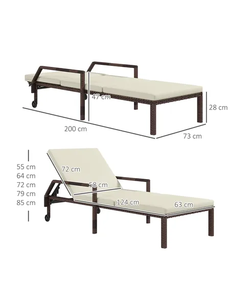Outsunny Outdoor Sun Lounger, Rattan Wicker Chaise Recliner with 5-Level Adjustable Backrest and 2 Wheels