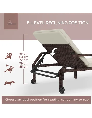 Outsunny Outdoor Sun Lounger, Rattan Wicker Chaise Recliner with 5-Level Adjustable Backrest and 2 Wheels