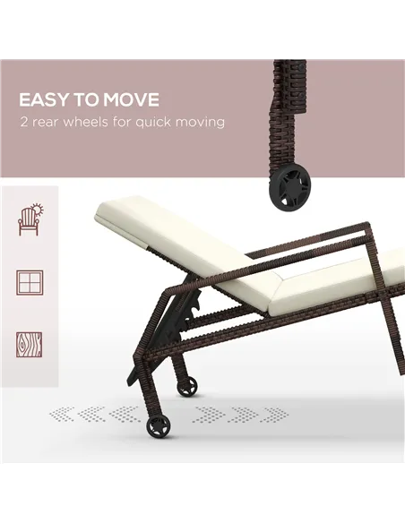Outsunny Outdoor Sun Lounger, Rattan Wicker Chaise Recliner with 5-Level Adjustable Backrest and 2 Wheels