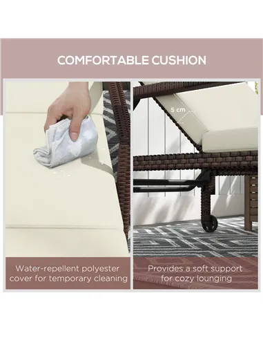 Outsunny Outdoor Sun Lounger, Rattan Wicker Chaise Recliner with 5-Level Adjustable Backrest and 2 Wheels