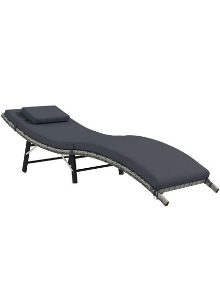 Outsunny Rattan Folding Sun Lounger Outdoor Chair with Cushion and Pillow Grey