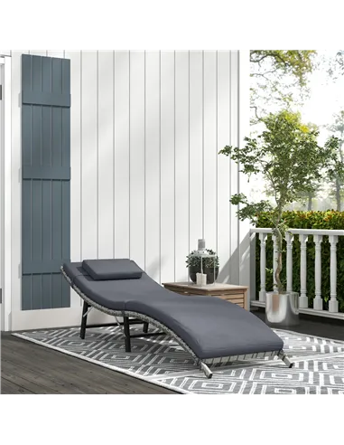 Outsunny Rattan Folding Sun Lounger Outdoor Chair with Cushion and Pillow Grey