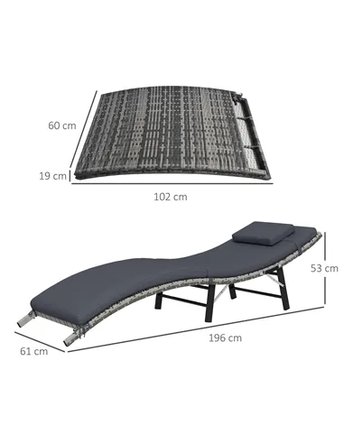Outsunny Rattan Folding Sun Lounger Outdoor Chair with Cushion and Pillow Grey