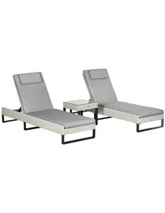 Outsunny 3-piece PE Rattan Sun Lounger Set with Adjustable 5-Position Recliner, Patio Chaise Lounge Chair Set with Cushions, Hea