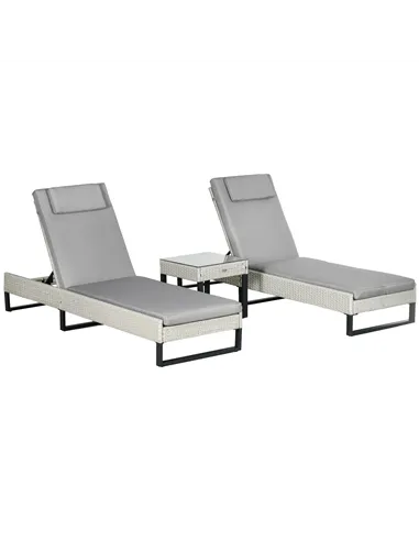 Outsunny 3-piece PE Rattan Sun Lounger Set with Adjustable 5-Position Recliner, Patio Chaise Lounge Chair Set with Cushions, Hea