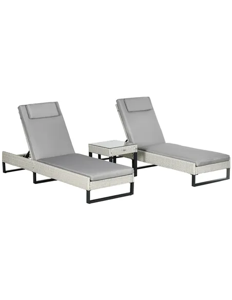 Outsunny 3-piece PE Rattan Sun Lounger Set with Adjustable 5-Position Recliner, Patio Chaise Lounge Chair Set with Cushions, Hea