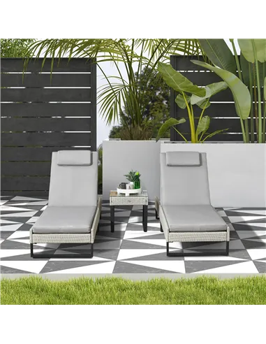 Outsunny 3-piece PE Rattan Sun Lounger Set with Adjustable 5-Position Recliner, Patio Chaise Lounge Chair Set with Cushions, Hea