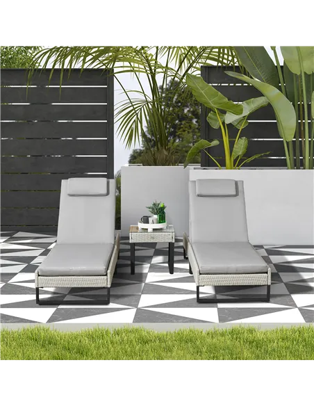 Outsunny 3-piece PE Rattan Sun Lounger Set with Adjustable 5-Position Recliner, Patio Chaise Lounge Chair Set with Cushions, Hea