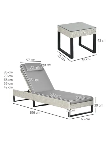 Outsunny 3-piece PE Rattan Sun Lounger Set with Adjustable 5-Position Recliner, Patio Chaise Lounge Chair Set with Cushions, Hea
