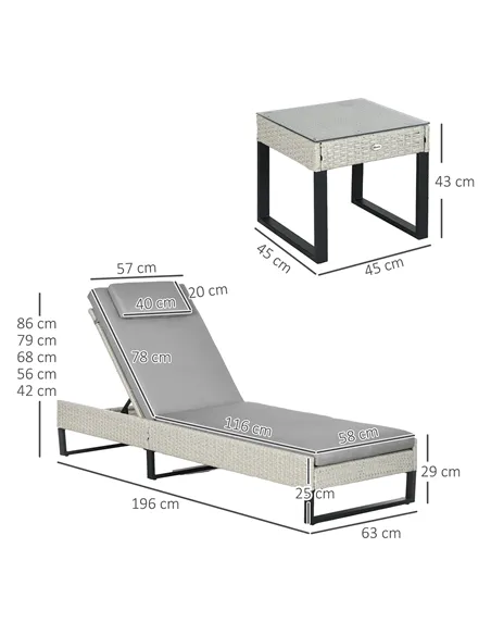 Outsunny 3-piece PE Rattan Sun Lounger Set with Adjustable 5-Position Recliner, Patio Chaise Lounge Chair Set with Cushions, Hea