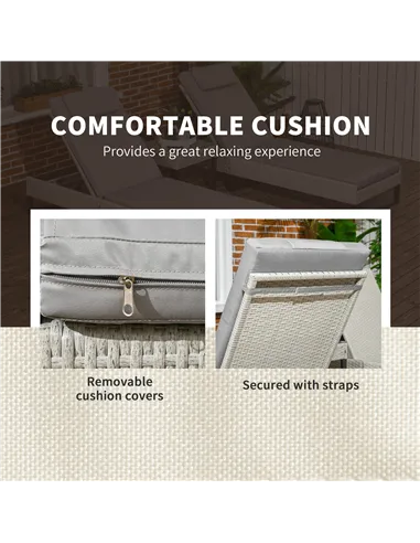 Outsunny 3-piece PE Rattan Sun Lounger Set with Adjustable 5-Position Recliner, Patio Chaise Lounge Chair Set with Cushions, Hea