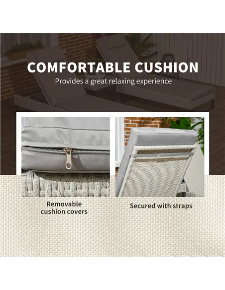 Outsunny 3-piece PE Rattan Sun Lounger Set with Adjustable 5-Position Recliner, Patio Chaise Lounge Chair Set with Cushions, Hea