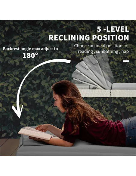 Outsunny 3-piece PE Rattan Sun Lounger Set with Adjustable 5-Position Recliner, Patio Chaise Lounge Chair Set with Cushions, Hea